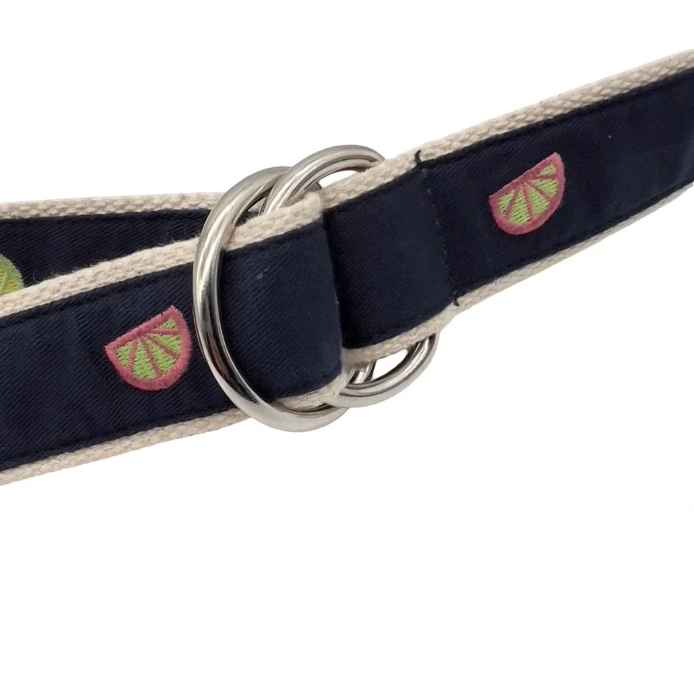 J. Crew 100% Cotton Canvas Double O-Ring Navy Belt with Citrus Fruit Print - Picture 3 of 6